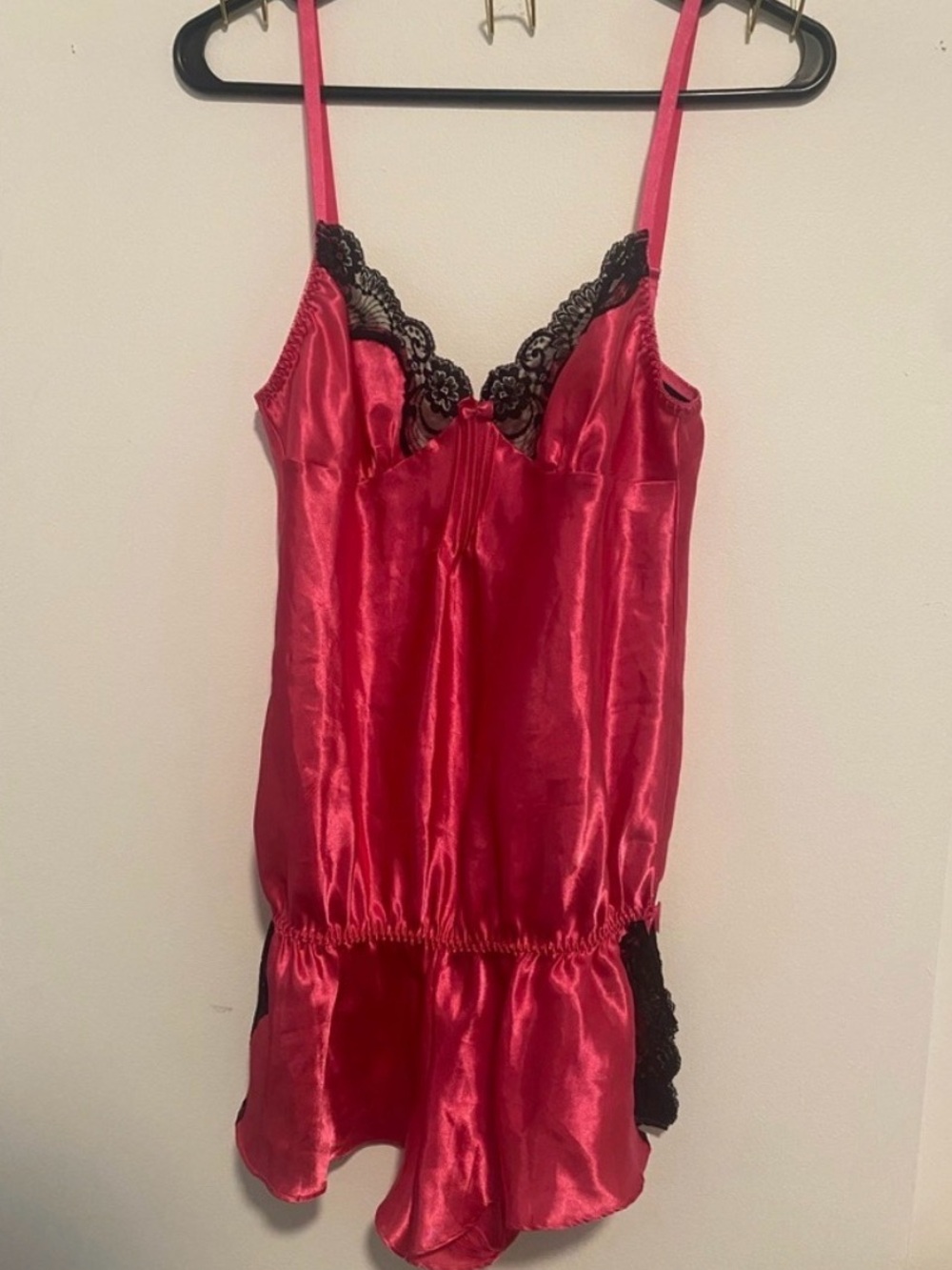 Frederick's of Hollywood Hot Pink Satin Romper with Black Lace Trim